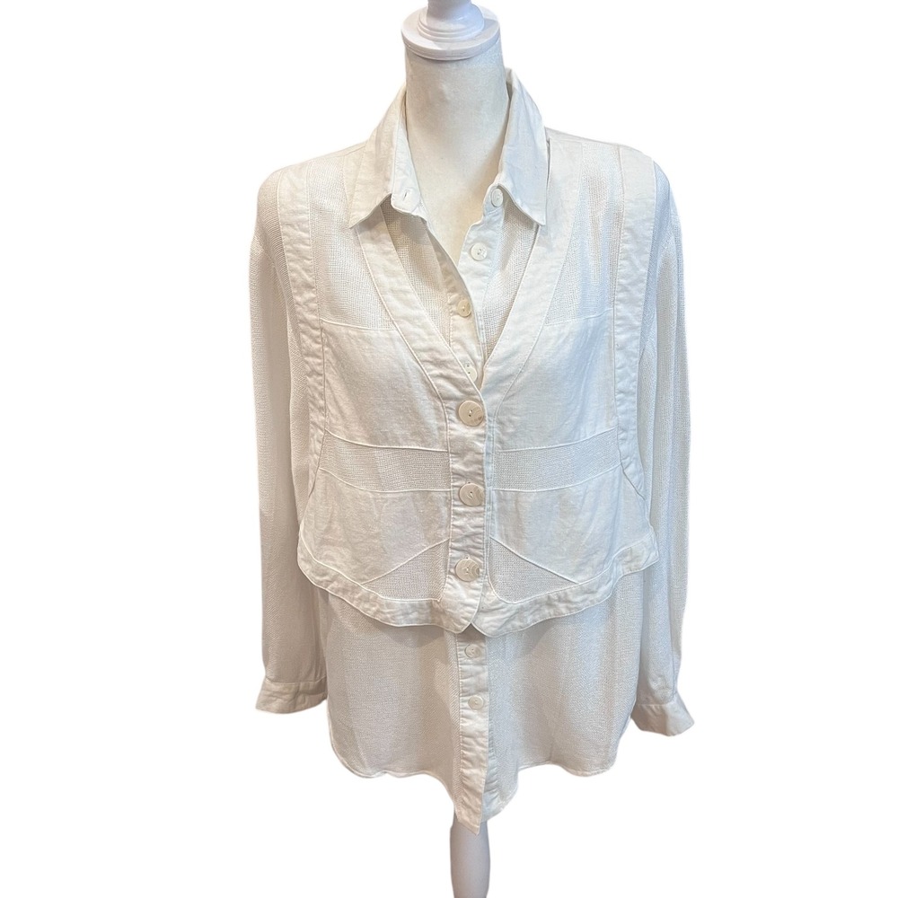 Vintage Cache White Gauzy Button Down‎ Shirt Attached Vest Size Small